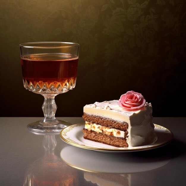 Foto un pezzo di torta accanto a un bicchiere di ghiaccio e una bevanda ai generati