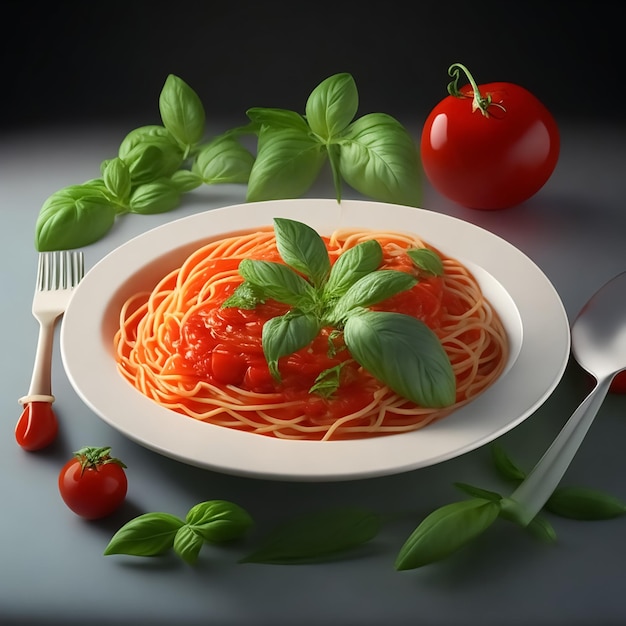 Foto un piatto di salsa di pomodoro spaghetti e foglie di basilico