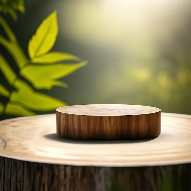 Foto un podio di legno su un tavolo di legno davanti a uno sfondo di giungla per mockup