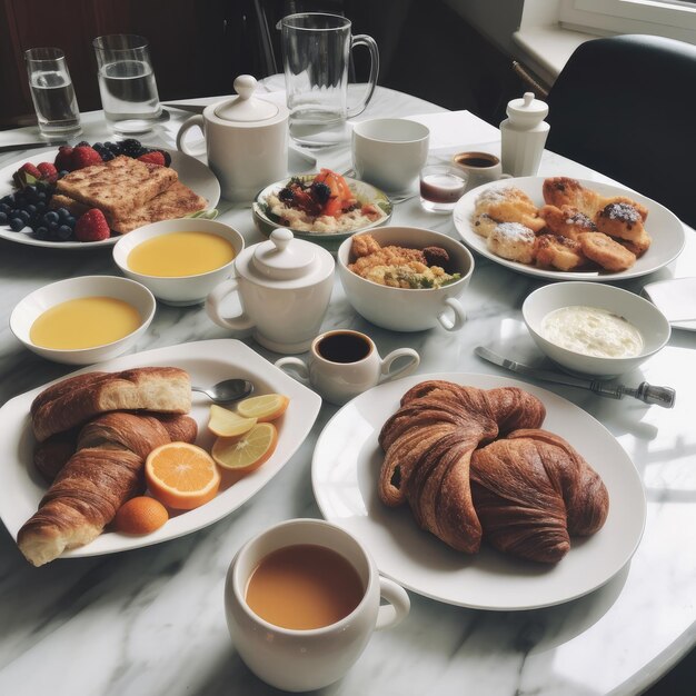 FOTO Un tavolo pieno di cibi per la colazione, tra cui succo di croissant e altri cibi per la colazione