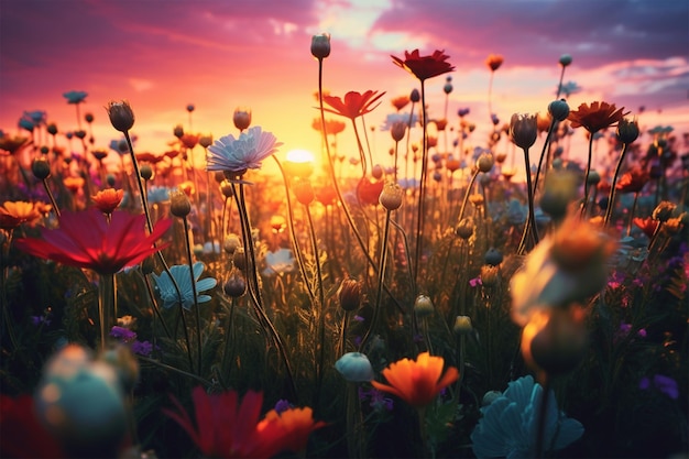 Foto un tramonto con un campo di fiori e un tramonto