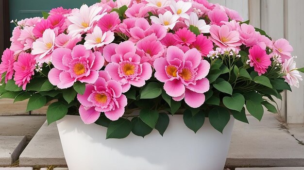 Foto un vaso di fiori rosa pieno di fiori artificiali rosa e bianchi