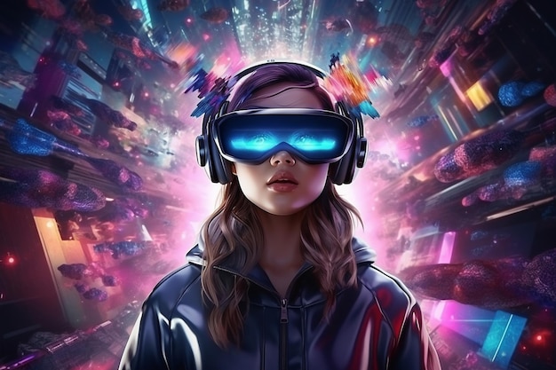 Foto una bella ragazza con gli occhiali vr Cuffie 3d nel cyberspazio del metaverso il concetto di vi