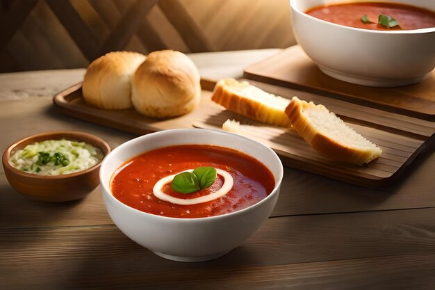 Foto una ciotola di zuppa di pomodoro con un rotolo sul lato