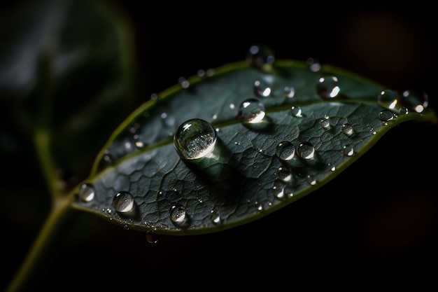 Foto una foglia verde con gocce d'acqua su di essa