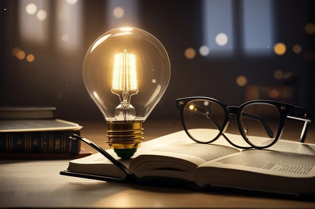 Foto una luce che è su un libro e un paio di occhiali lampadina elettrica