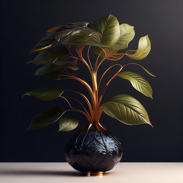 FOTO Una pianta con foglie e steli in un vaso con fondo scuro