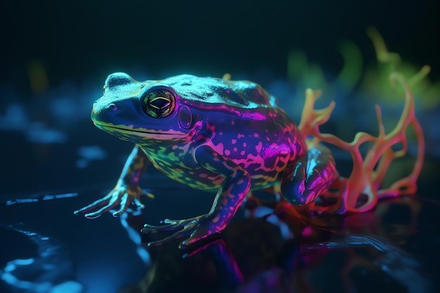 Foto una rana colorata con luci soffuse