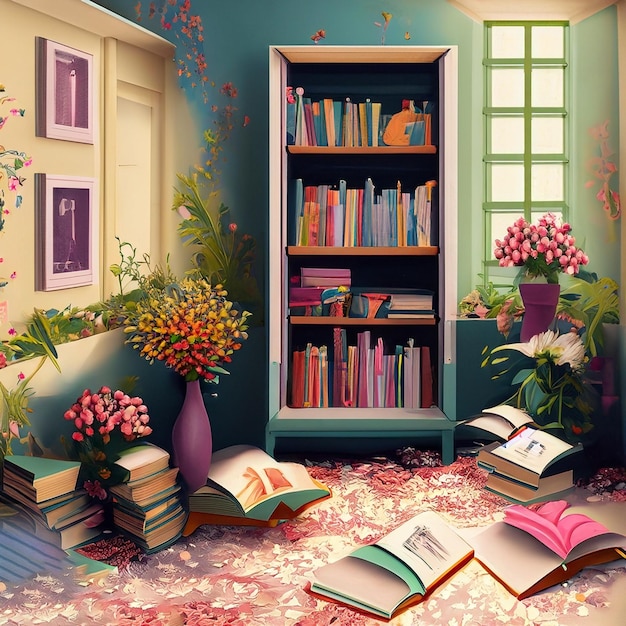 Foto una stanza con molti fiori sul pavimento e una libreria con uno scaffale pieno di bo