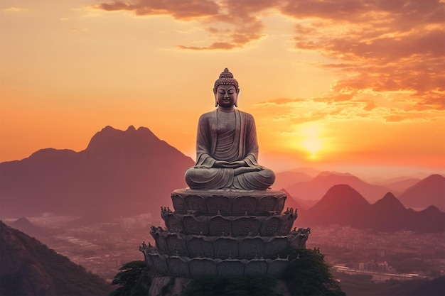 Foto una statua di buddha si trova di fronte a una montagna al tramonto