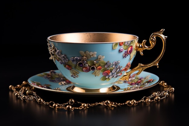 Foto una tazza di tè con fiori di colore blu e sfondo nero