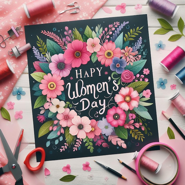 Foto uno striscione colorato con fiori rosa celebra la Giornata Internazionale della Donna l'8 marzo