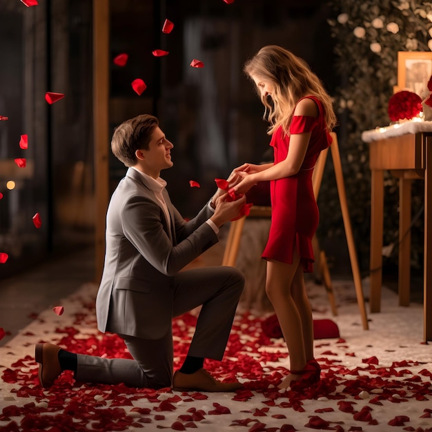 Foto uomo in ginocchio che consegna una rosa rossa a una donna felice giorno di San Valentino generativo ai