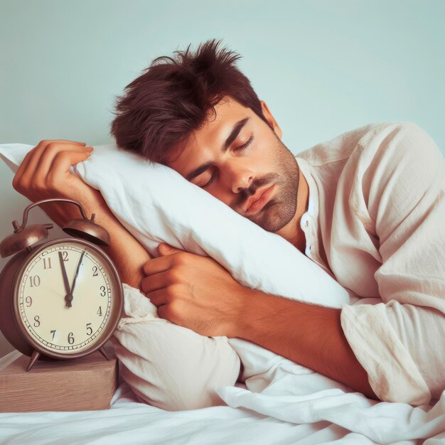 Foto uomo sonno pigro a svegliarsi con l'orologio su sfondo solido ai generativo