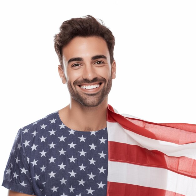 Foto uomo sorridente con l'immagine della bandiera del 4 luglio con sfondo bianco