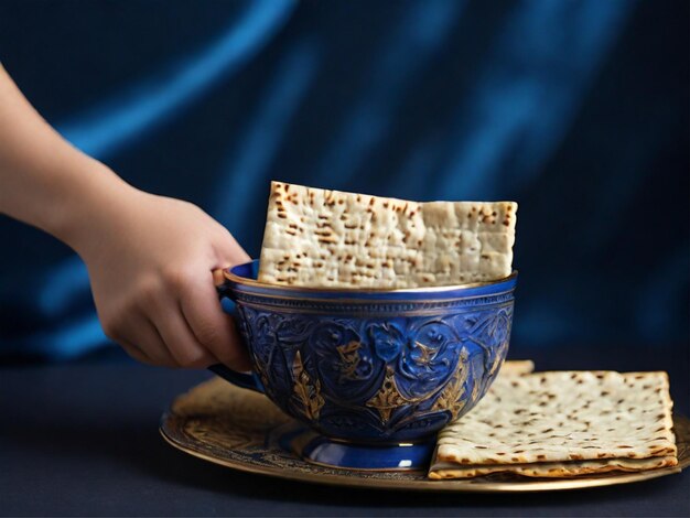 Foto uova matzo noci e tazza su vassoio su sfondo chiaro