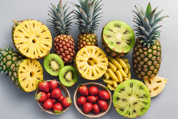 foto uva fragole ananas kiwi albicocca banana e ananas intero