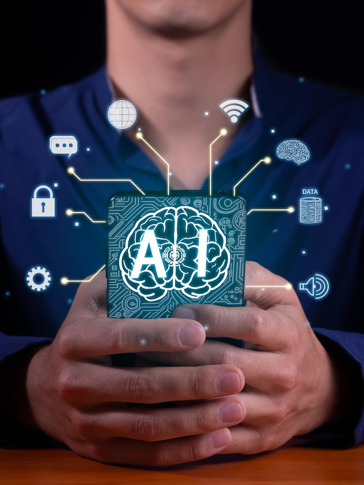Foto verticale di un uomo che usa l'intelligenza artificiale all'interno di un telefono cellulare per gestire i suoi database di rete e le password