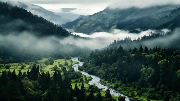 foto verticale di una fitta foresta e di un fiume generata dall'AI