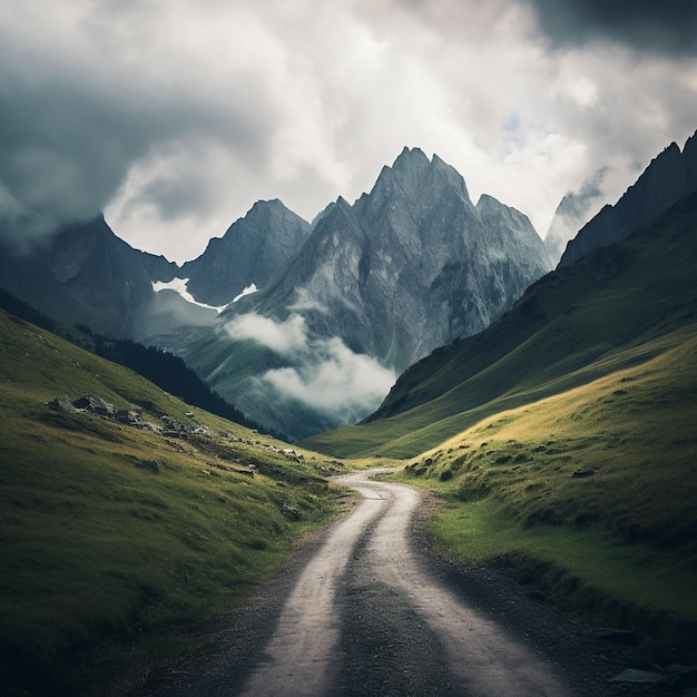 foto verticale di una strada circondata da alte montagne rocciose coperte di nuvole bianche