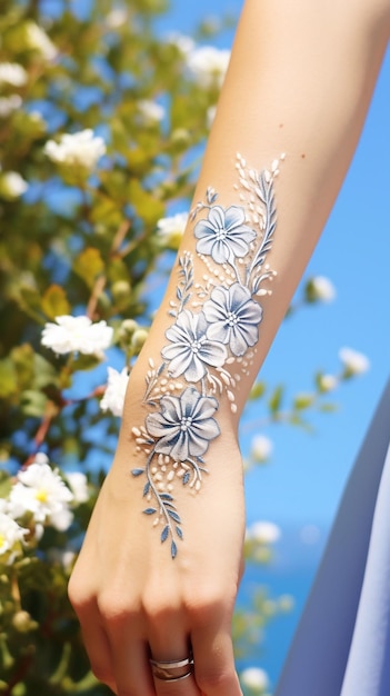 Foto verticale la mano è dipinta con fiori di henna sono dipinti sulla mano con vernice blu