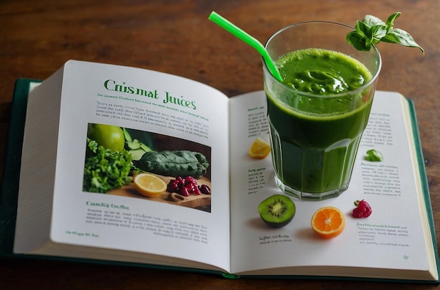 foto vibrante di un libro di ricette di succo verde aperto a un