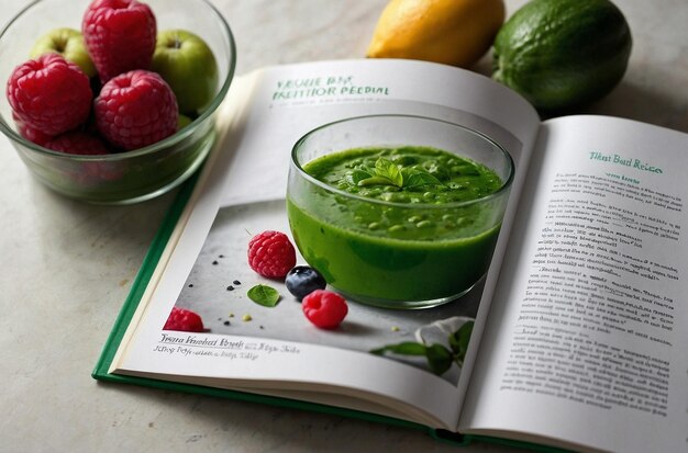 foto vibrante di un libro di ricette di succo verde aperto a