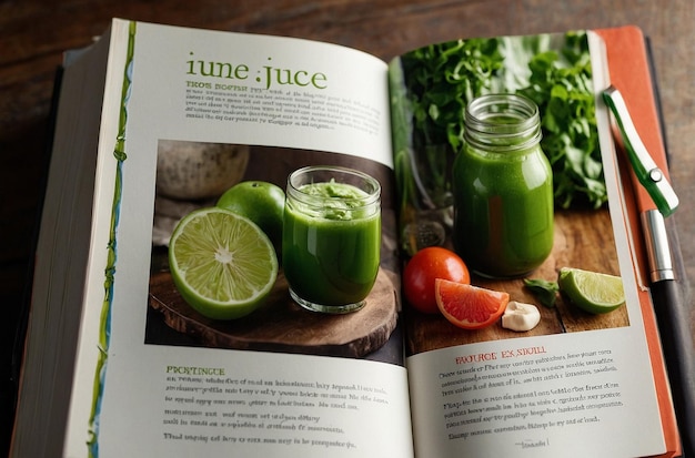 foto vibrante di un libro di ricette di succo verde aperto a