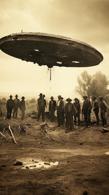 foto vintage del 1800 di cowboy che trovano un ufo schiantato