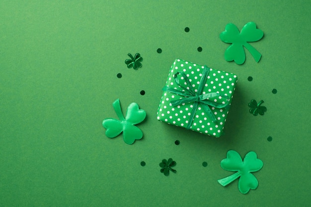 Foto vista dall'alto del piccolo verde con confezione regalo a pois bianchi e molti coriandoli di diverse dimensioni a forma di trifogli e puntini sullo sfondo vuoto isolato verde