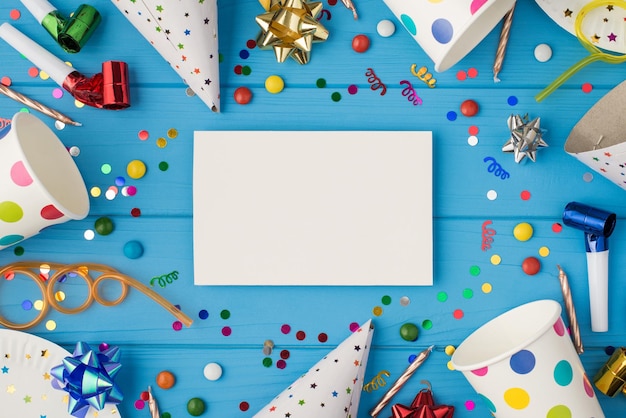 Foto vista dall'alto della composizione della festa di compleanno carta bianca con copyspace nel mezzo tubi a spirale nastro stelle candele tubi cappelli coriandoli bicchieri di carta e piatti isolati sfondo blu tavolo in legno