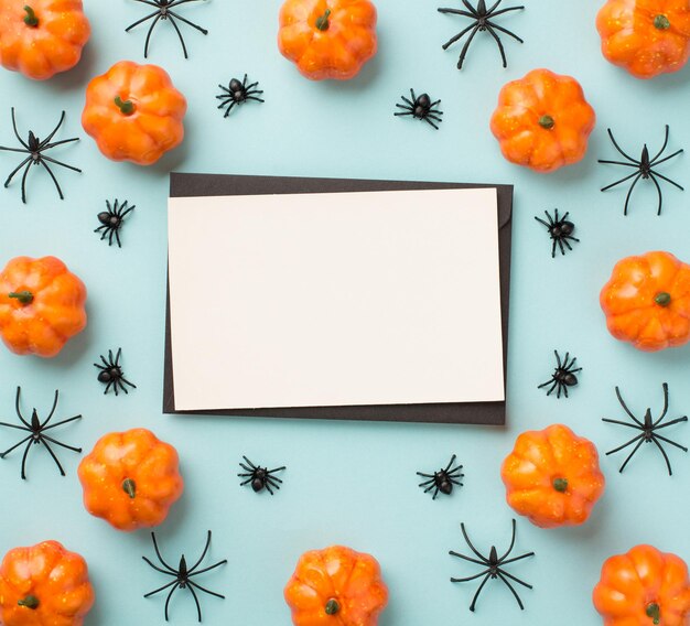 Foto vista dall'alto di decorazioni di halloween busta nera carta bianca zucche e ragni su sfondo blu pastello isolato con spazio vuoto