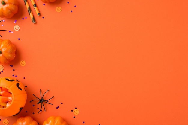 Foto vista dall'alto di decorazioni di halloween cesto di zucca con cannucce di mais caramelle ragno e paillettes viola su sfondo arancione isolato con spazio vuoto