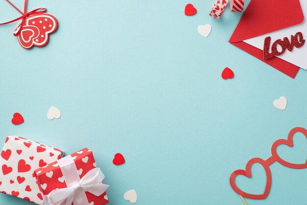 Foto vista dall'alto di decorazioni di san valentino scatole regalo cuori nastro adesivo busta con iscrizione lettera amore bicchieri di carta a forma di cuore e coriandoli su sfondo blu pastello isolato con copyspace