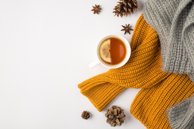 Foto vista dall'alto di maglione arancione sciarpa grigia tazza di tè con limone e pigne su sfondo bianco isolato con copyspace
