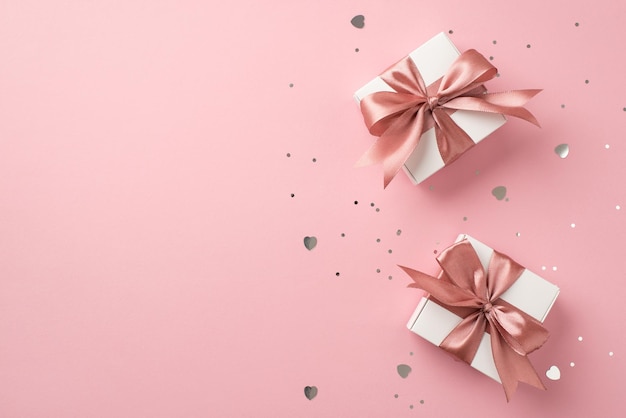 Foto vista dall'alto di scatole regalo bianche con fiocchi di nastro di seta rosa paillettes argento e coriandoli a forma di cuore su sfondo rosa pastello isolato con copyspace