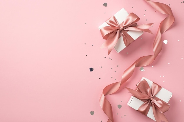 Foto vista dall'alto di scatole regalo bianche con fiocchi rosa nastro riccio paillettes argento e coriandoli a forma di cuore su sfondo rosa pastello isolato con copyspace