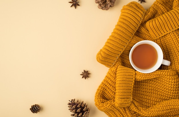 Foto vista dall'alto di una tazza di tè su maglione giallo anice e pigne su sfondo beige chiaro isolato con copyspace