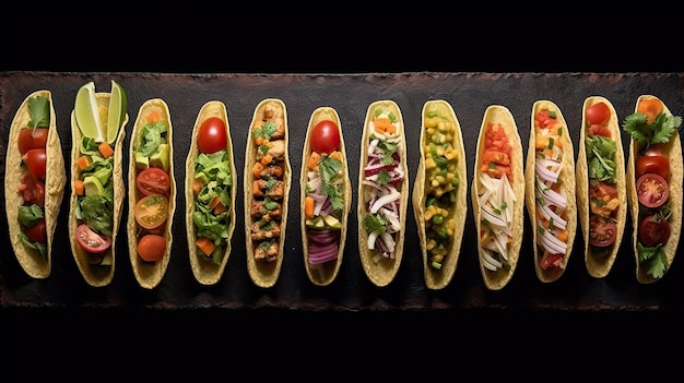 Foto vista dall'alto di una varietà di tacos messicani su sfondo nero