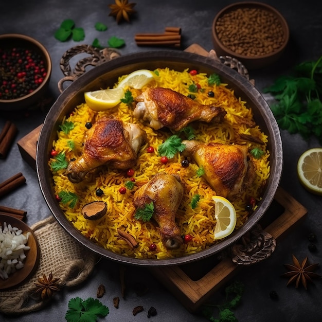 Foto vista di gustosi e deliziosi biriyani indiani