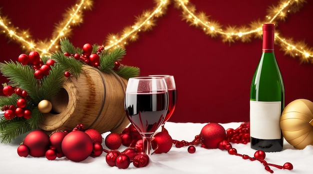 Foto vista frontale del vino rosso in una bottiglia di vino di vetro vino di Natale con candele rosse pallina di Natale