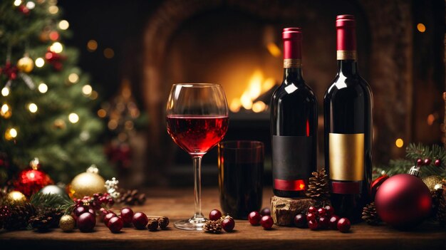 Foto vista frontale del vino rosso in una bottiglia di vino di vetro vino di Natale con candele rosse pallina di Natale