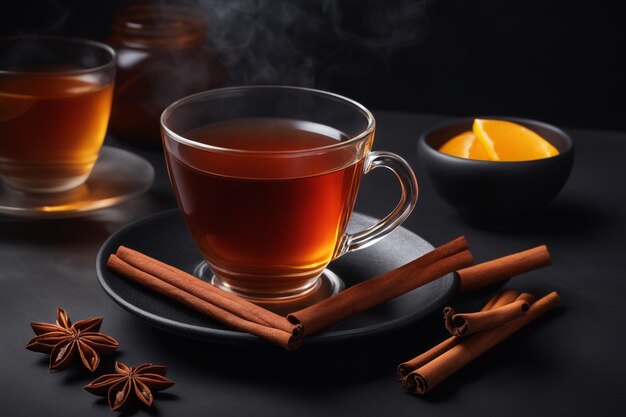foto vista frontale tazza di tè in tazza nera e piatto su sfondo natalizio