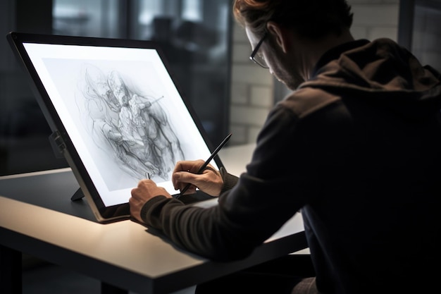 foto vista laterale uomo che disegna su tablet