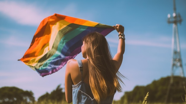 foto vista posteriore di una giovane donna che sventola la bandiera arcobaleno