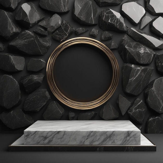 foto vuota Palcoscenico di esposizione del prodotto in pietra nera dorata sfondo 3d con cornice podio in roccia scuro