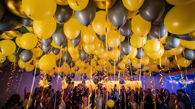 Foto zona di palloncini gialli e grigi la festa è decorata con palloncini immagine verticale