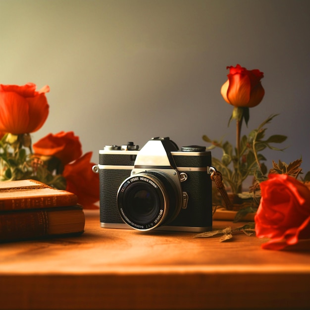 Fotocamera con composizione di fiori sulla tavola di legno