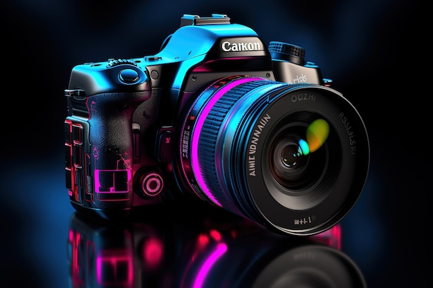 Fotocamera con luce al neon con sfondo technolog2k ai dai colori vivaci