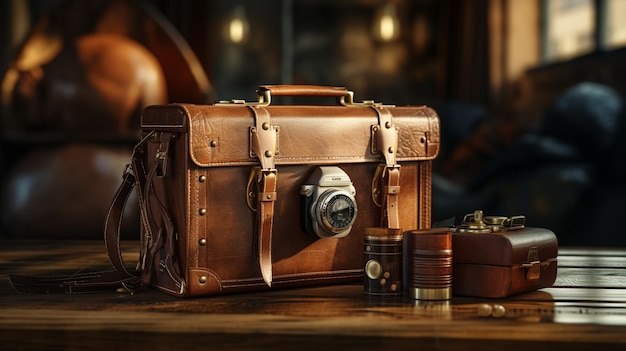 Fotocamera d'epoca e valigia di pelle